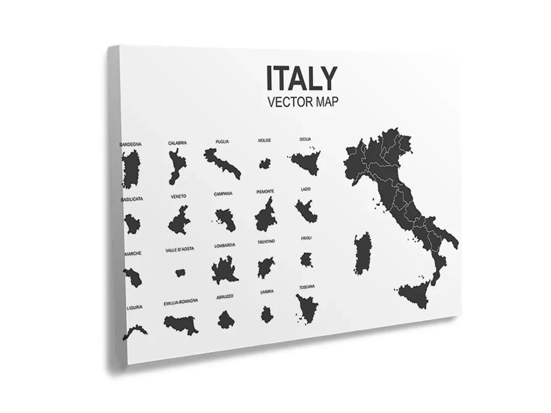 Metalen magneetbord met een zwart-witte kaart van Italië.