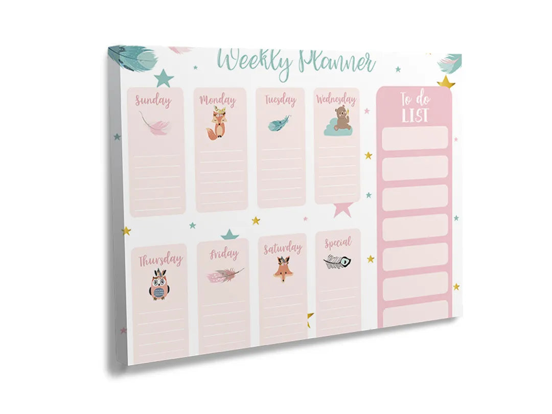 Metalen magneetbord met een wekelijkse planner en schattige dieren, perfect als decoratief memobord.