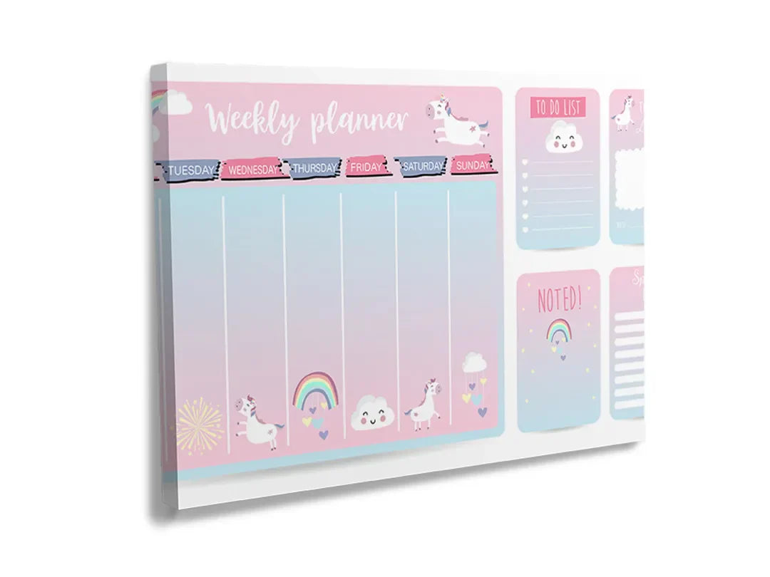 Metalen bord met een eenhoorn thema, ideaal als magneetbord en planner
