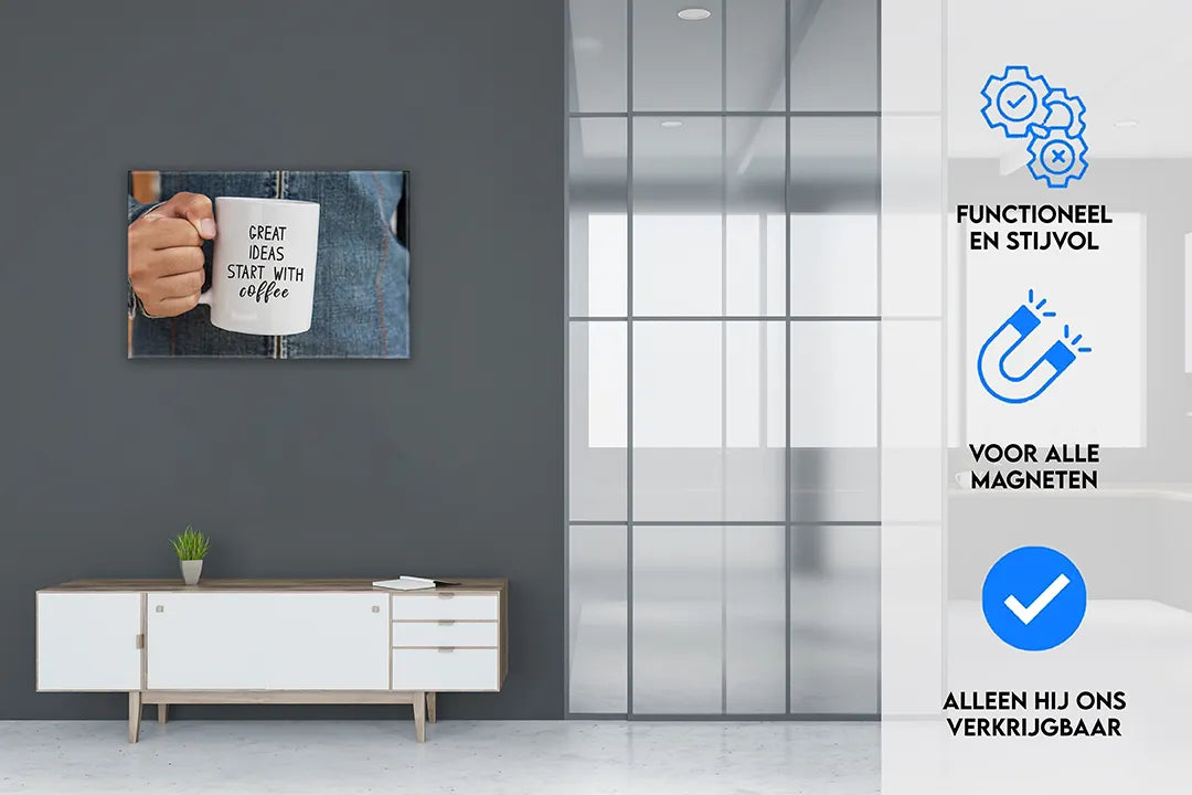 Metalen magneetbord met 'Great Ideas Start With Coffee' - droog uitwisbaar & magnetisch