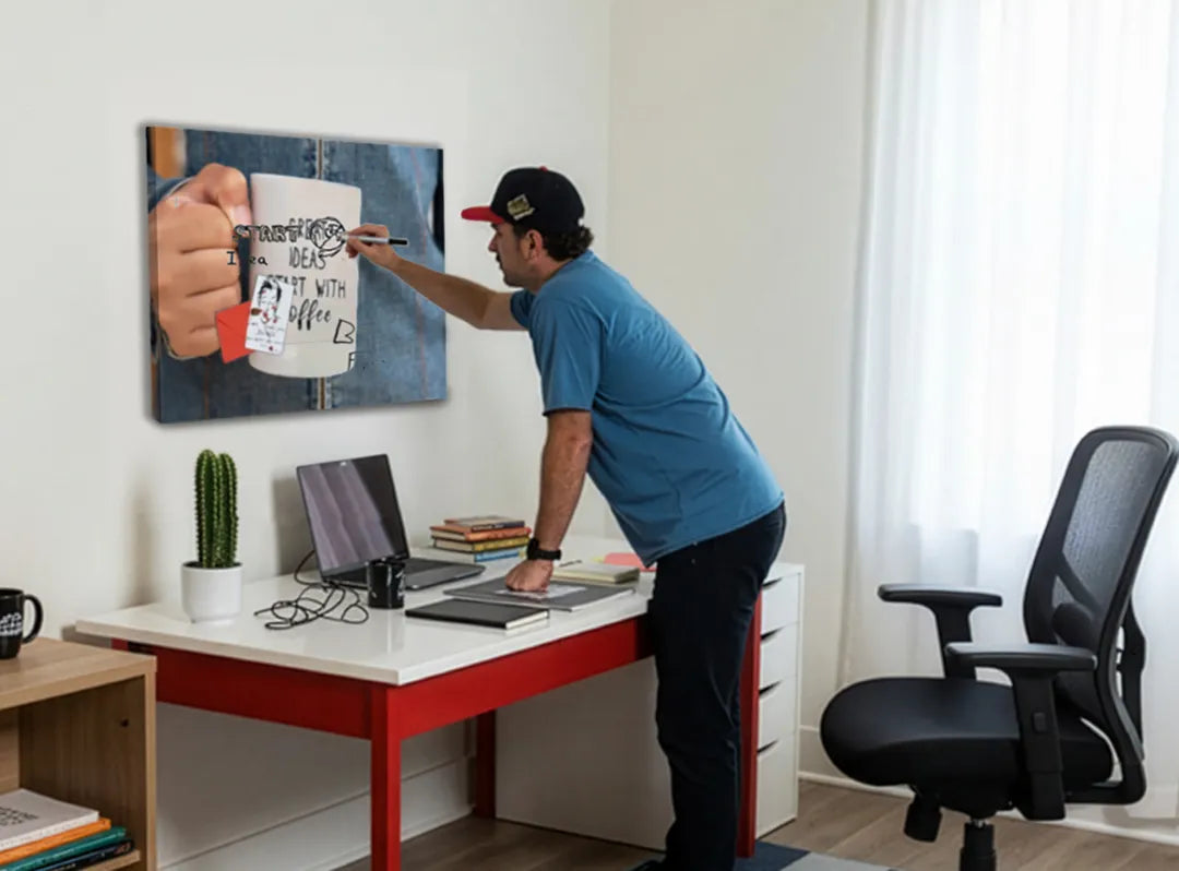 Metalen magneetbord met 'Great Ideas Start With Coffee' - droog uitwisbaar & magnetisch