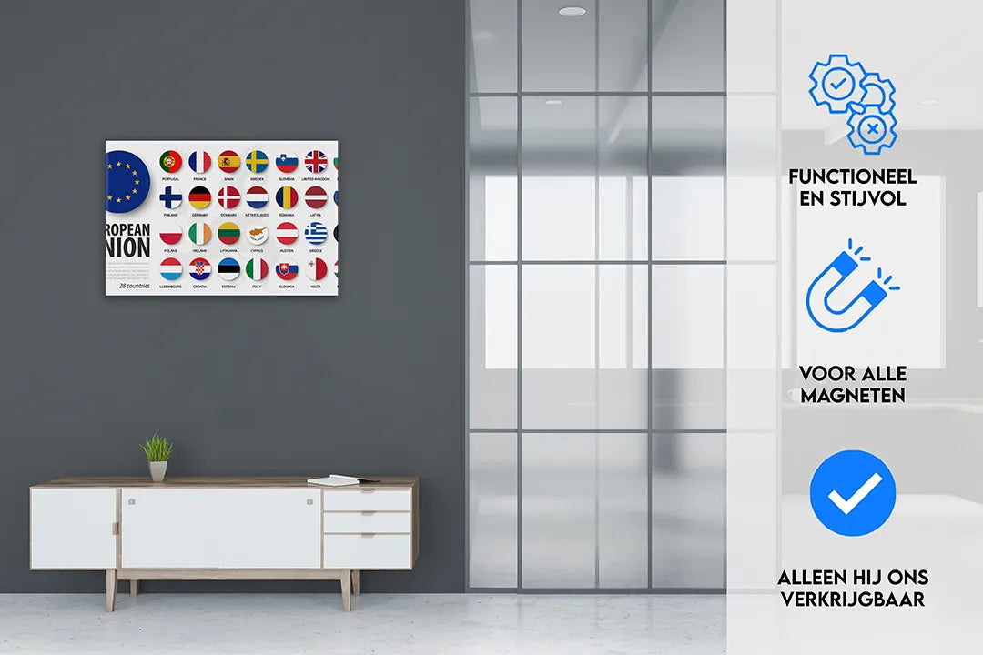 Metalen magneetbord met Europese vlaggen - Decoratief en Functioneel - droog uitwisbaar & magnetisch