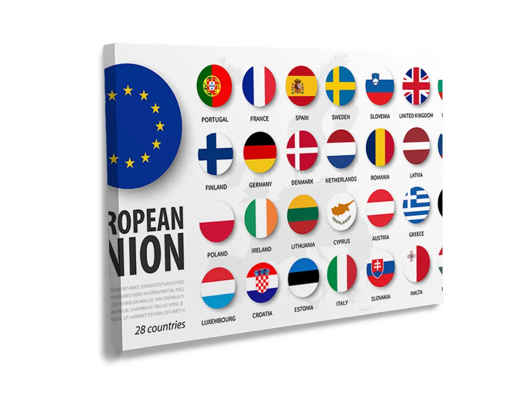 Metalen bord met Europese vlaggen en het woord 'EUROPEAN UNION'.