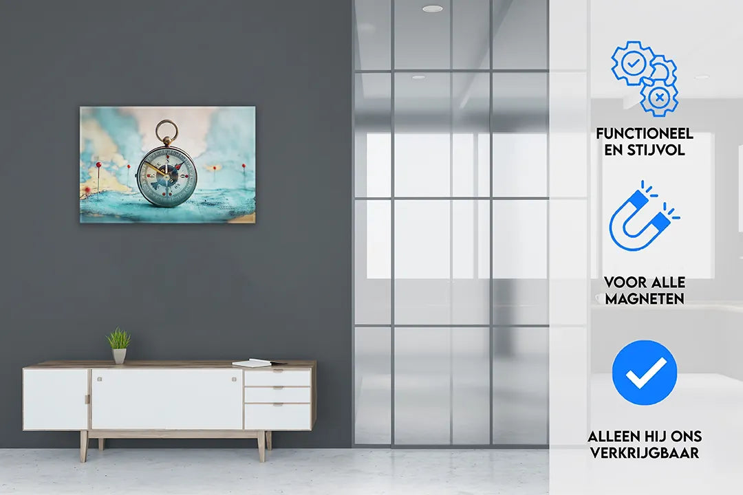 Metalen magneetbord met kompas en wereldkaart – droog uitwisbaar & magnetisch