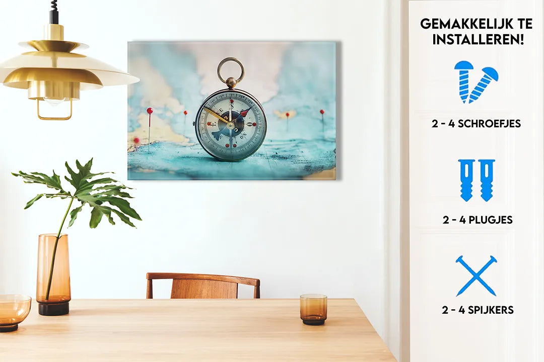 Metalen magneetbord met kompas en wereldkaart – droog uitwisbaar & magnetisch