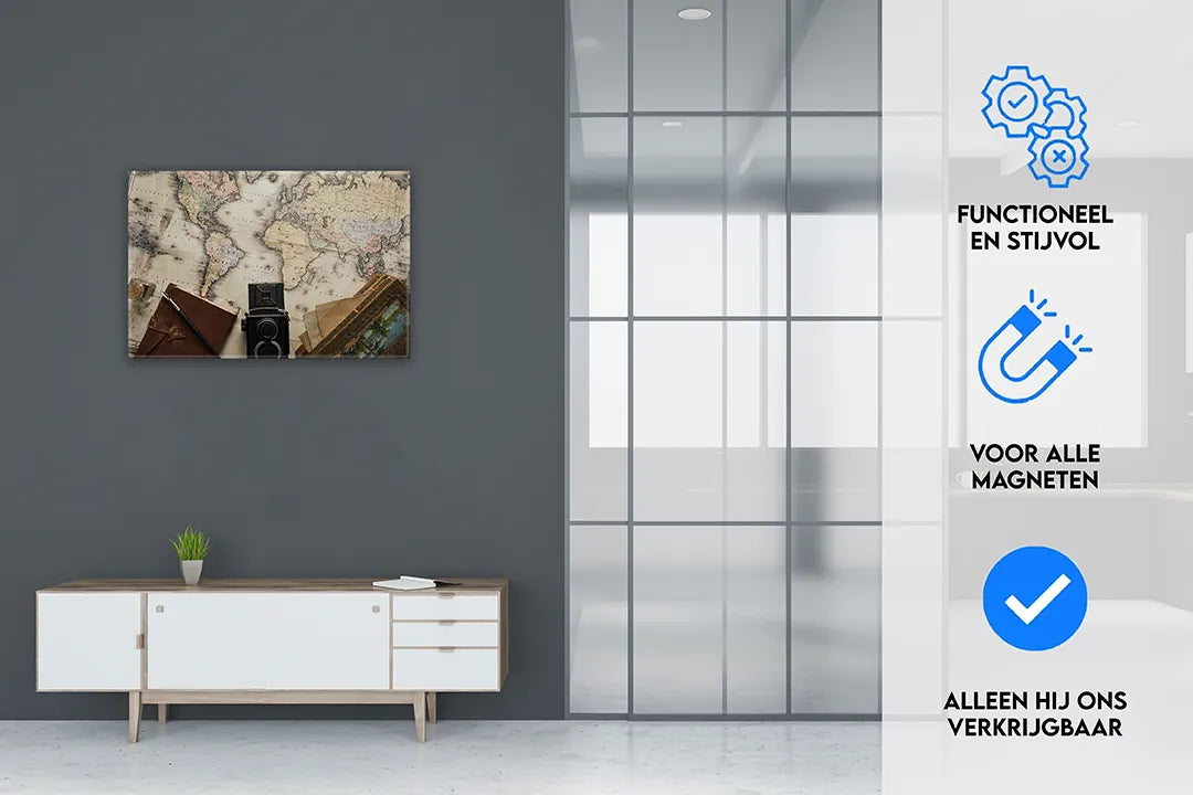 Metalen magneetbord met wereldkaart design - droog uitwisbaar & magnetisch