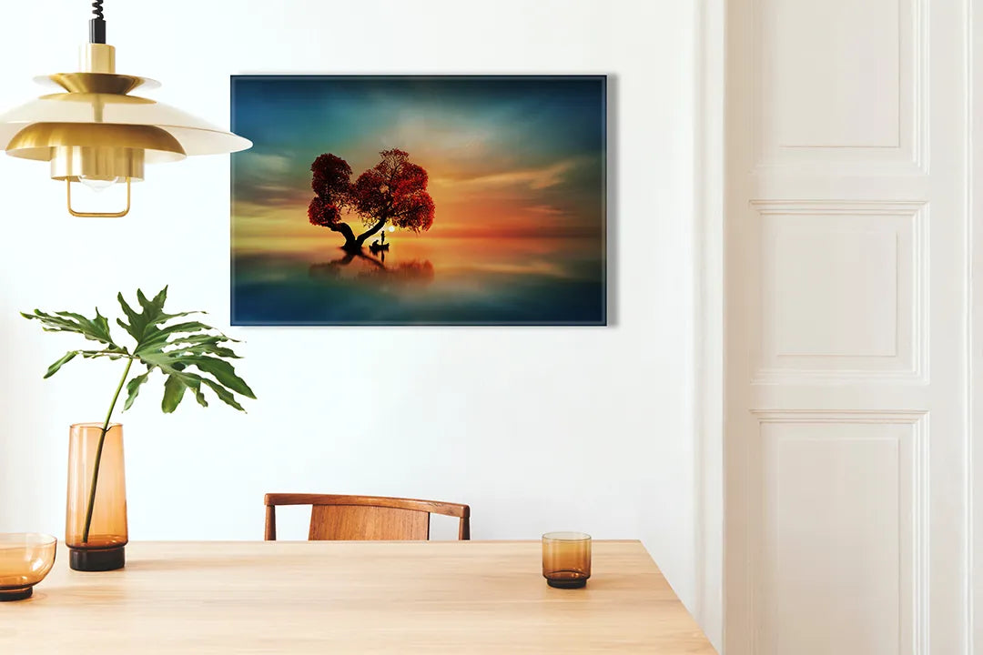 Metalen magneetbord met kleurrijke boom bij zonsondergang - droog uitwisbaar & magnetisch