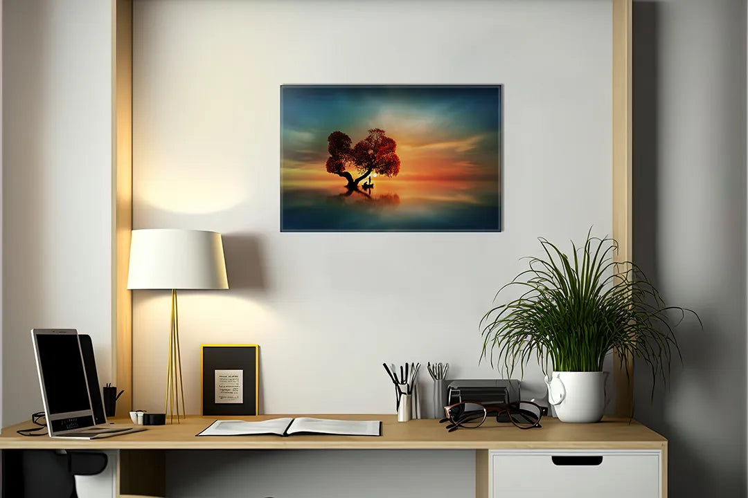 Metalen magneetbord met kleurrijke boom bij zonsondergang - droog uitwisbaar & magnetisch