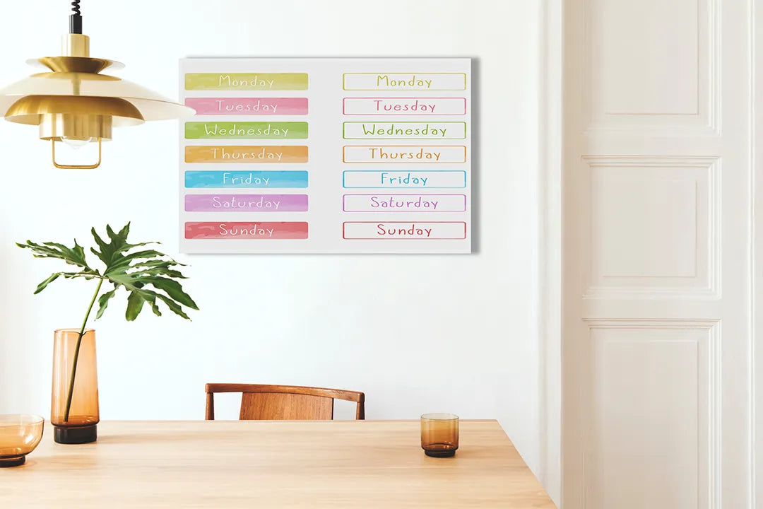 Kleurrijk metalen magneetbord met dagen van de week – droog uitwisbaar & magnetisch