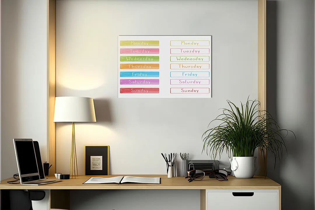 Kleurrijk metalen magneetbord met dagen van de week – droog uitwisbaar & magnetisch