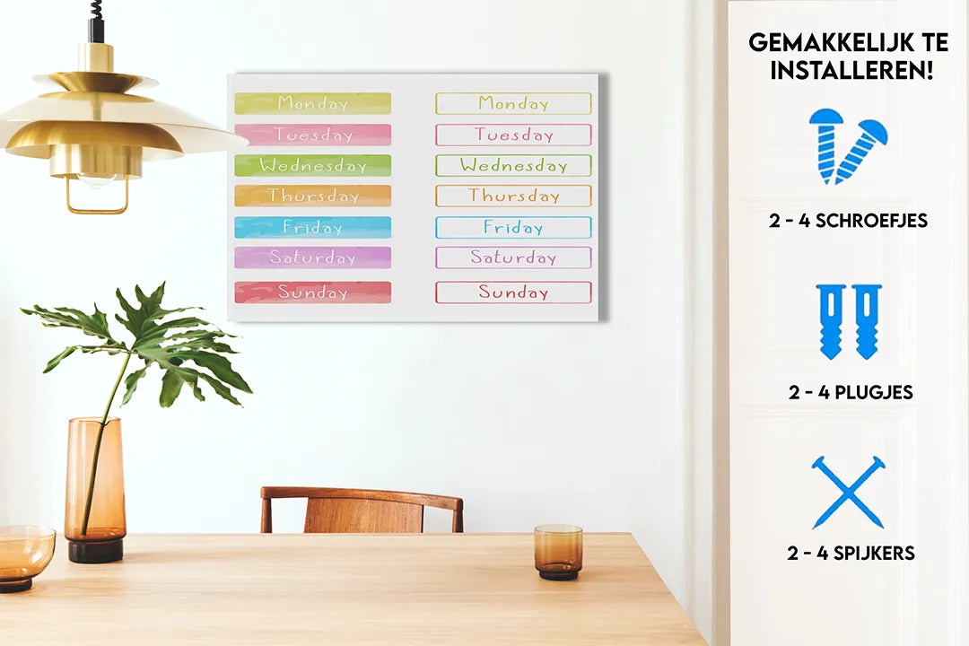 Kleurrijk metalen magneetbord met dagen van de week – droog uitwisbaar & magnetisch