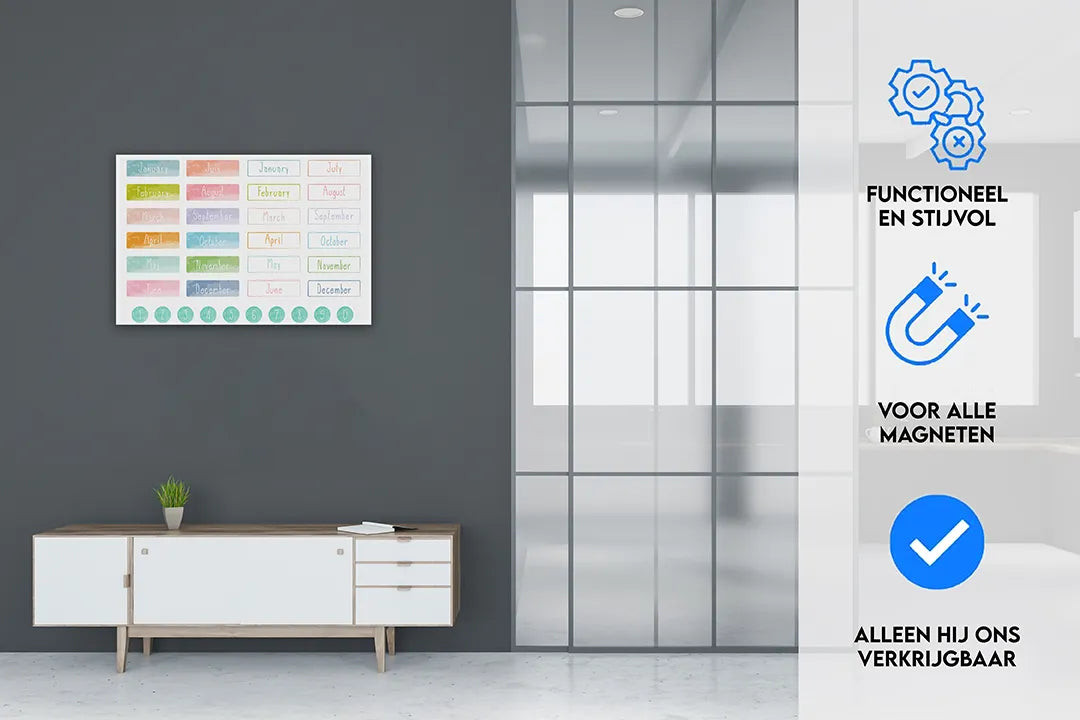 Decoratief metalen magneetbord met maanden en cijfers – droog uitwisbaar & magnetisch