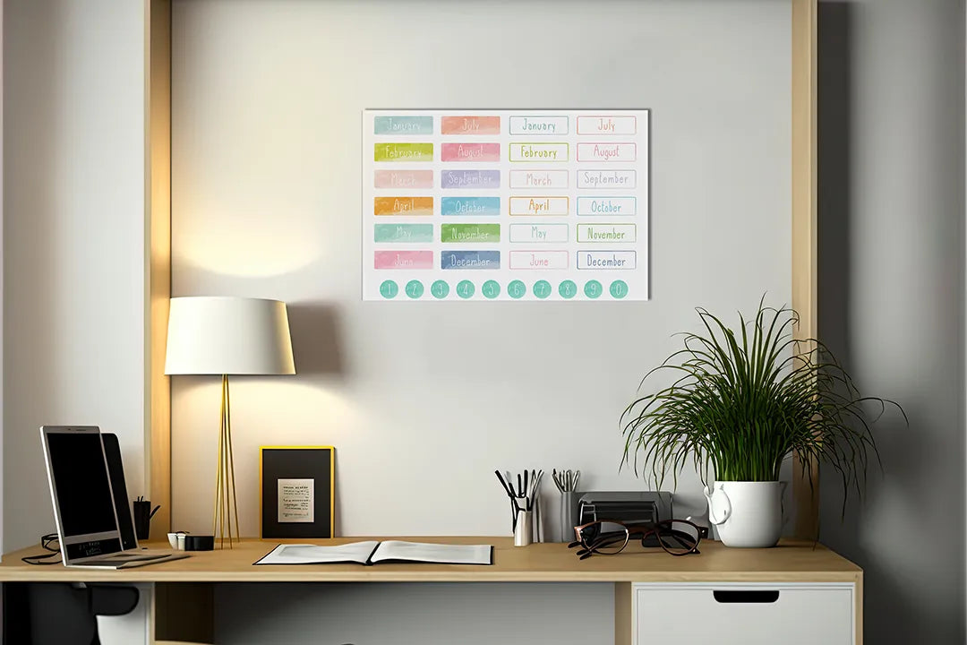 Decoratief metalen magneetbord met maanden en cijfers – droog uitwisbaar & magnetisch