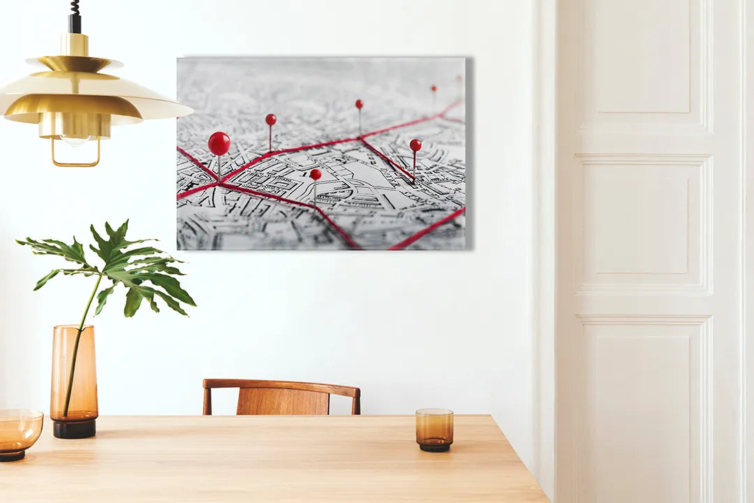 Metalen magneetbord met rode pins en kaartmotief - droog uitwisbaar & magnetisch