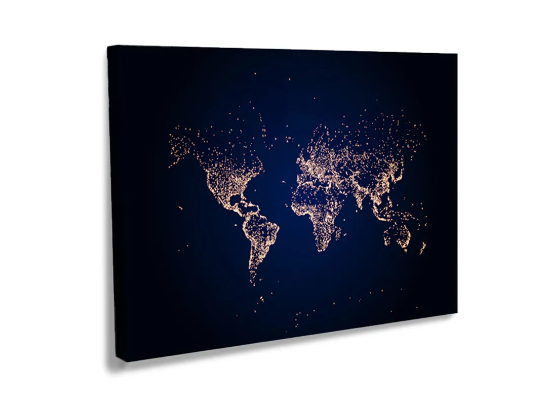 Metalen magneetbord met een wereldkaart in goud op een donkerblauwe achtergrond.