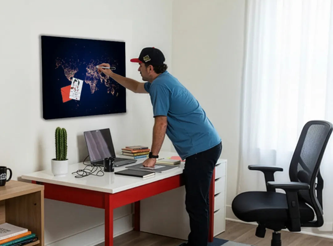 Elegante metalen magneetbord met wereldkaart ontwerp – droog uitwisbaar & magnetisch