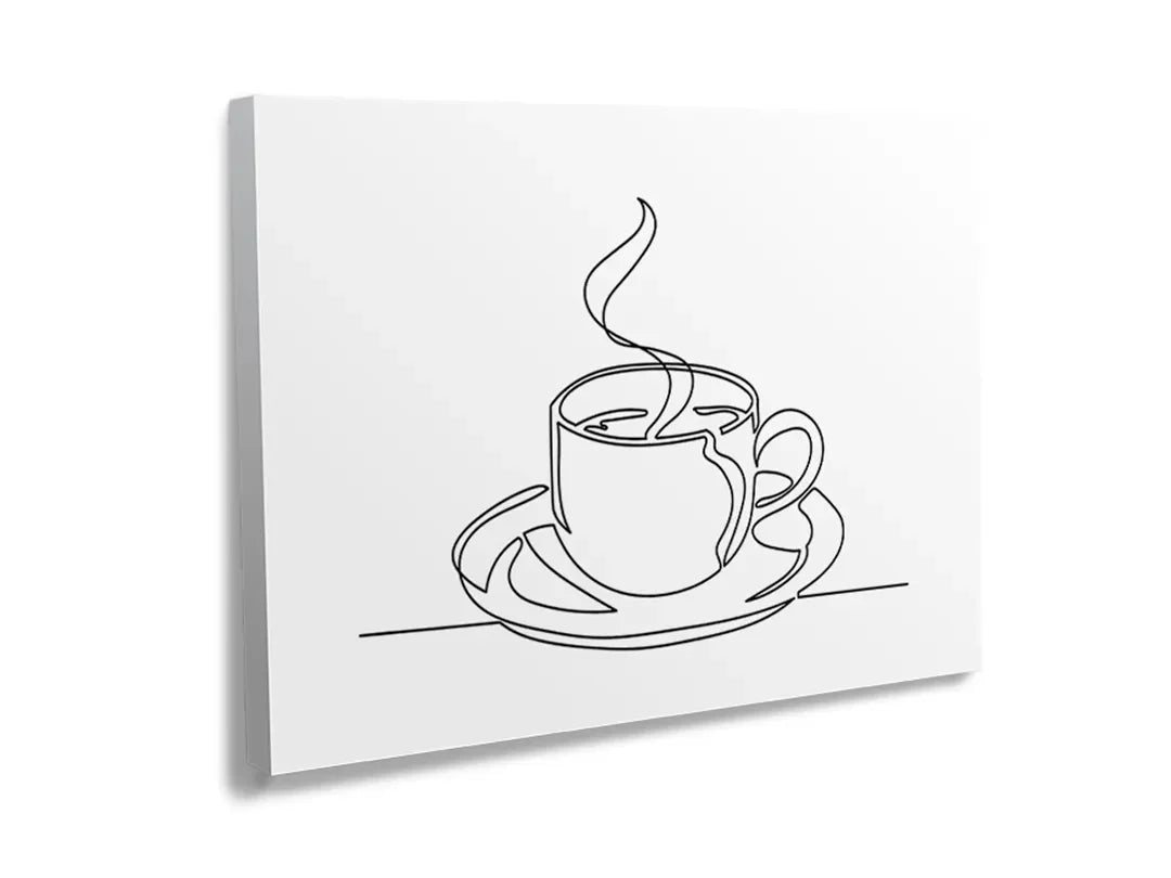 Metalen bord met een lijntekening van een koffiekopje.