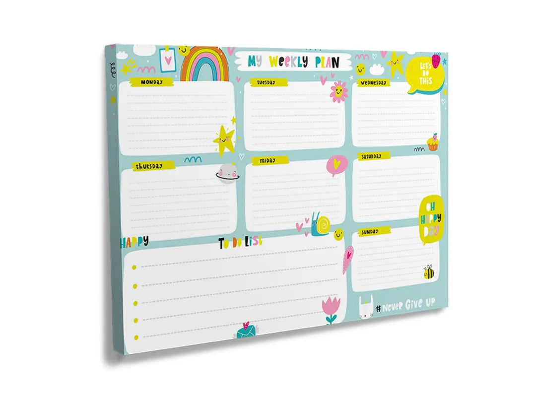 Vrolijk metalen magneetbord voor wekelijkse planning met kleurrijke illustraties.