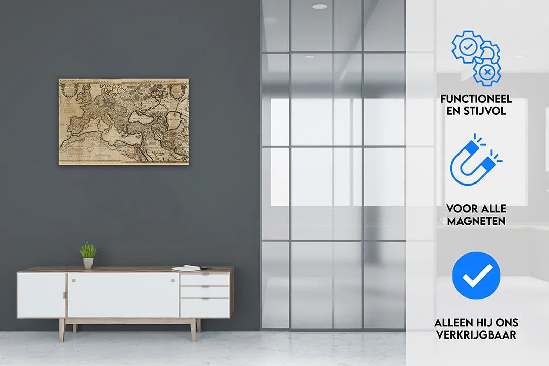 Antieke kaart wandpaneel - metalen magneetbord – droog uitwisbaar & magnetisch