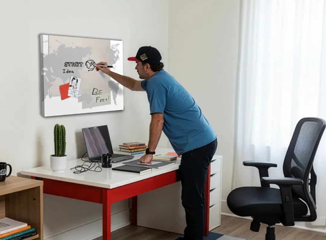 Metalen magneetbord met wereldkaart in grijstinten – droog uitwisbaar & magnetisch