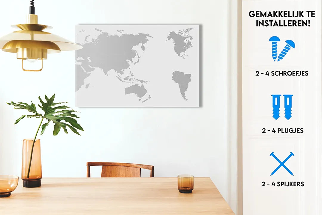 Metalen magneetbord met wereldkaart in grijstinten – droog uitwisbaar & magnetisch
