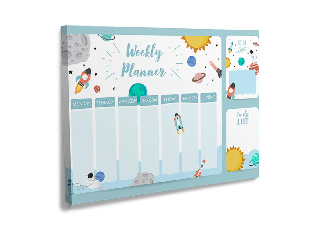Metaal magneetbord met ruimte-thema voor wekelijkse planners en notities.