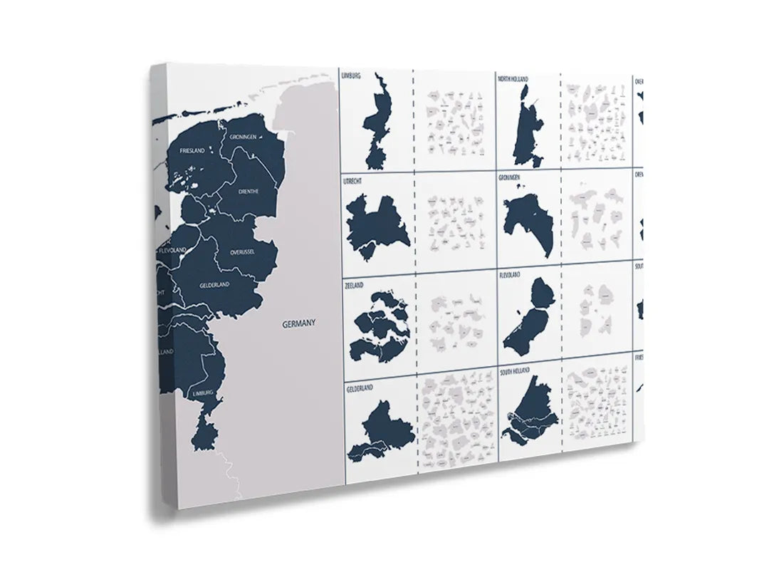 Metalen magneetbord met een gedetailleerde kaart van Nederland, functioneel voor notities.