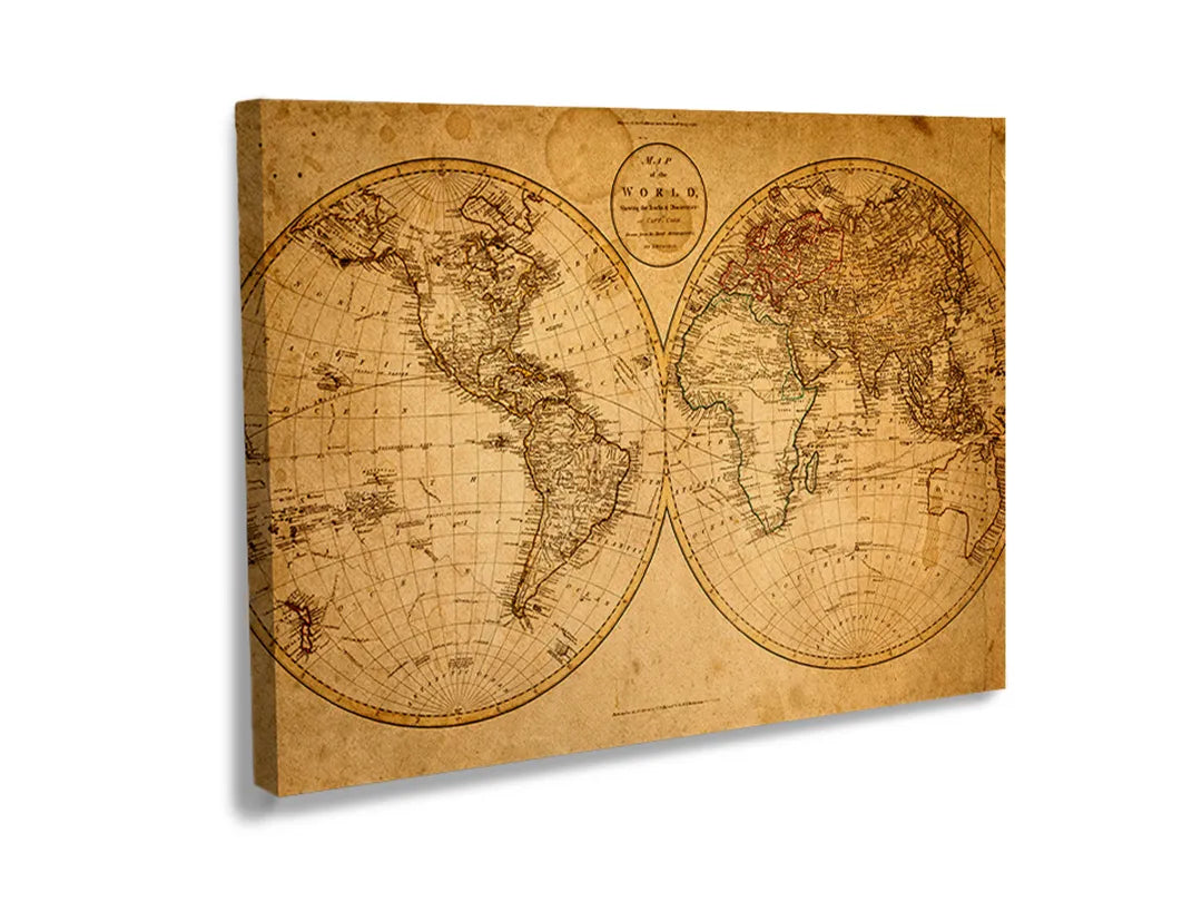 Metalen magneetbord met een vintage wereldkaart voor decoratie en memofunctie.