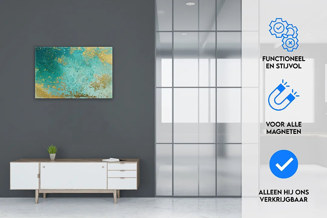 Metalen magneetbord met teal en gouden accenten – droog uitwisbaar & magnetisch