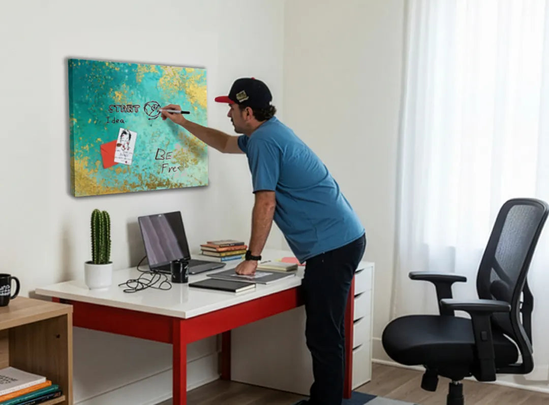 Metalen magneetbord met teal en gouden accenten – droog uitwisbaar & magnetisch