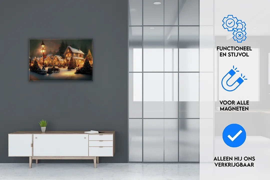 Sfeervol metalen magneetbord met winterlandschap – droog uitwisbaar & magnetisch
