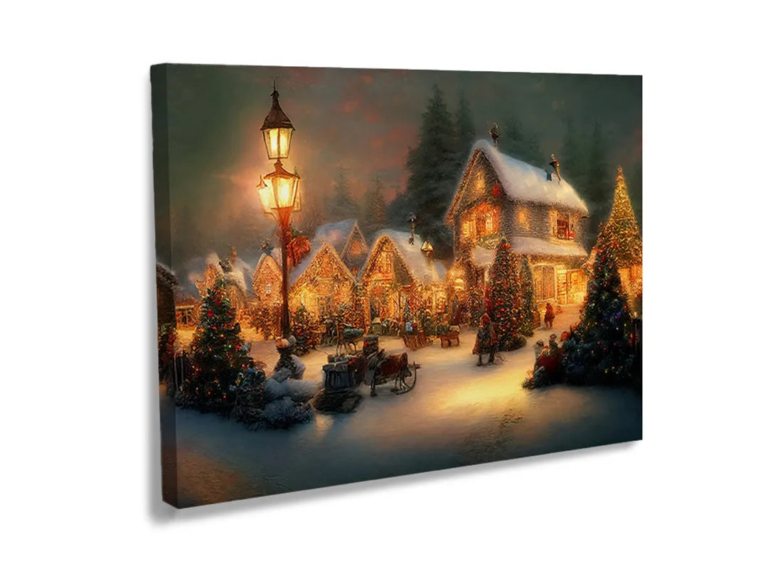 Metalen magneetbord met sfeervol winterlandschap en kerstdecoraties.