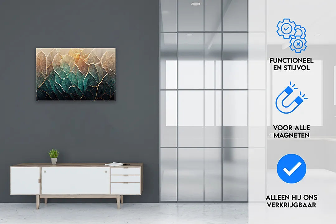 Kunstzinnig metalen magneetbord met bladerenmotief – droog uitwisbaar & magnetisch