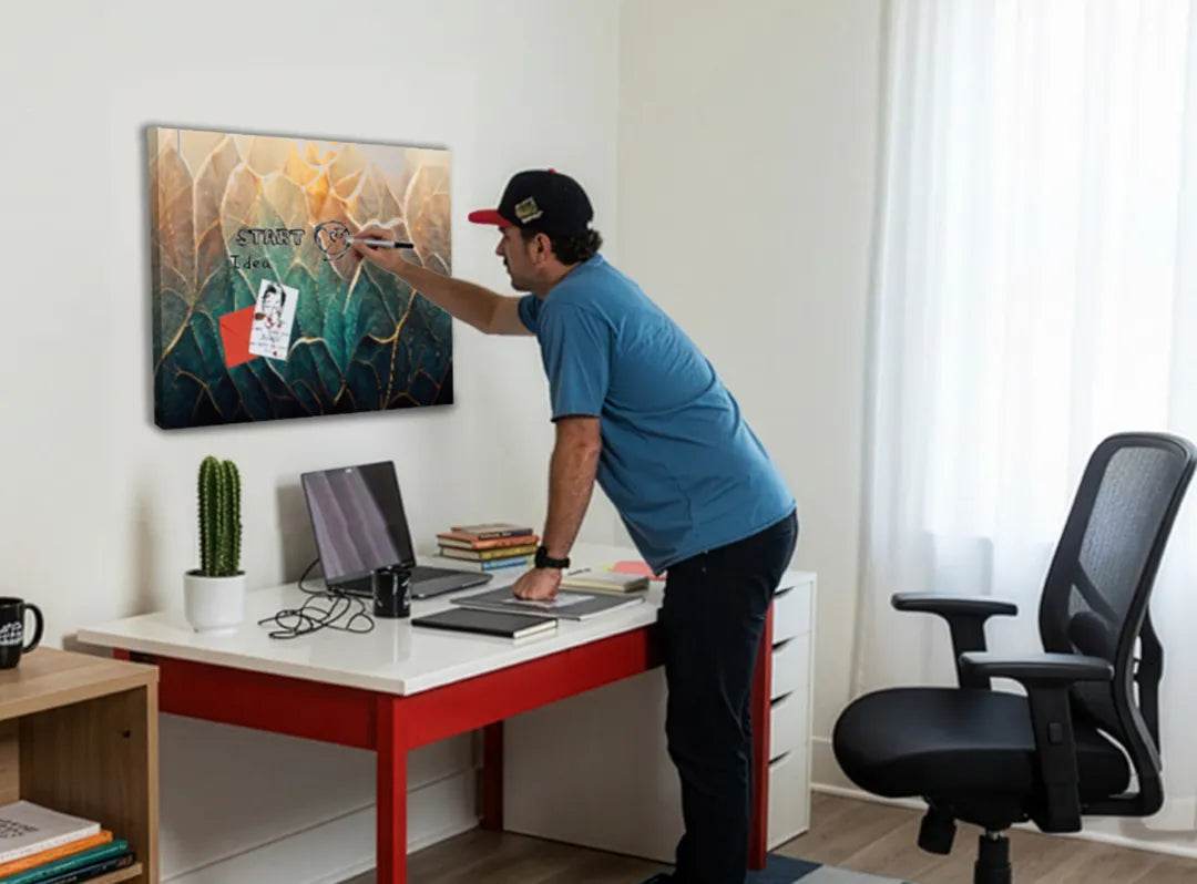 Kunstzinnig metalen magneetbord met bladerenmotief – droog uitwisbaar & magnetisch