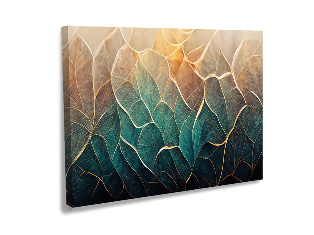 Metalen magneetbord met een kunstzinnig bladerenmotief in groene en gouden kleuren.