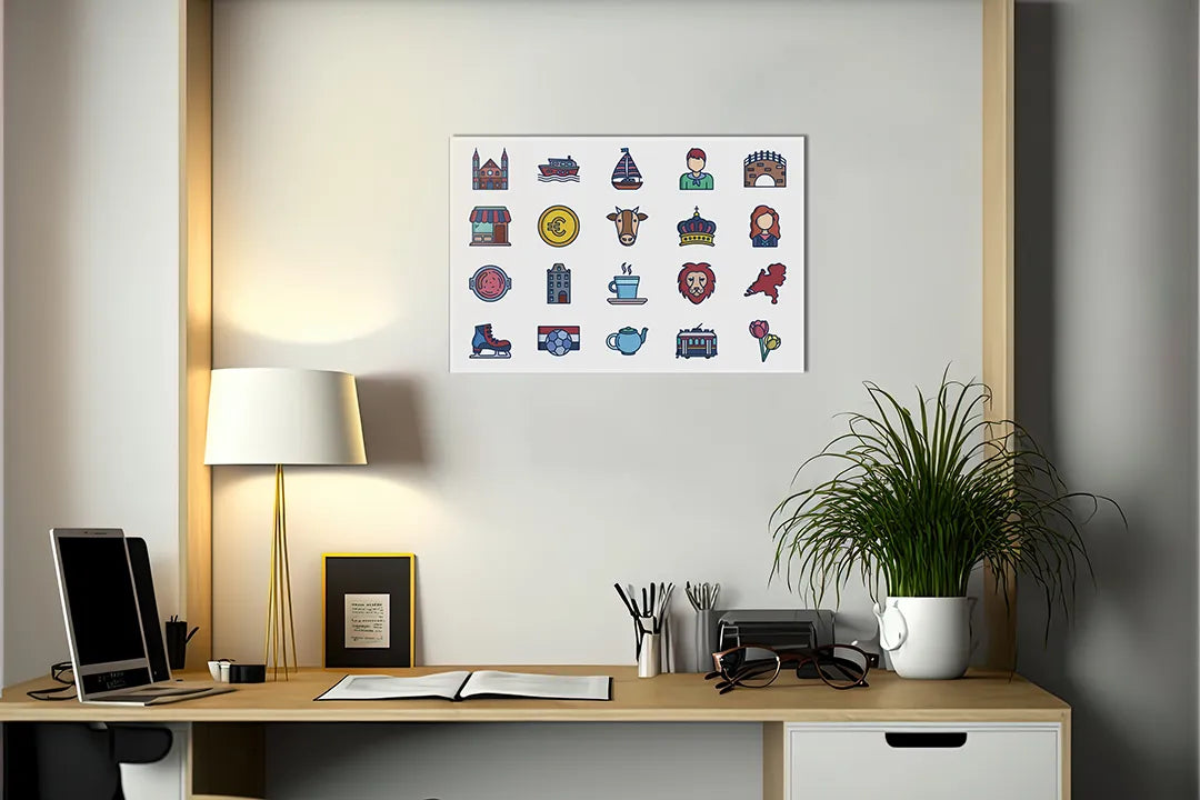 Decoratief metalen magneetbord met iconen van Nederland – droog uitwisbaar & magnetisch