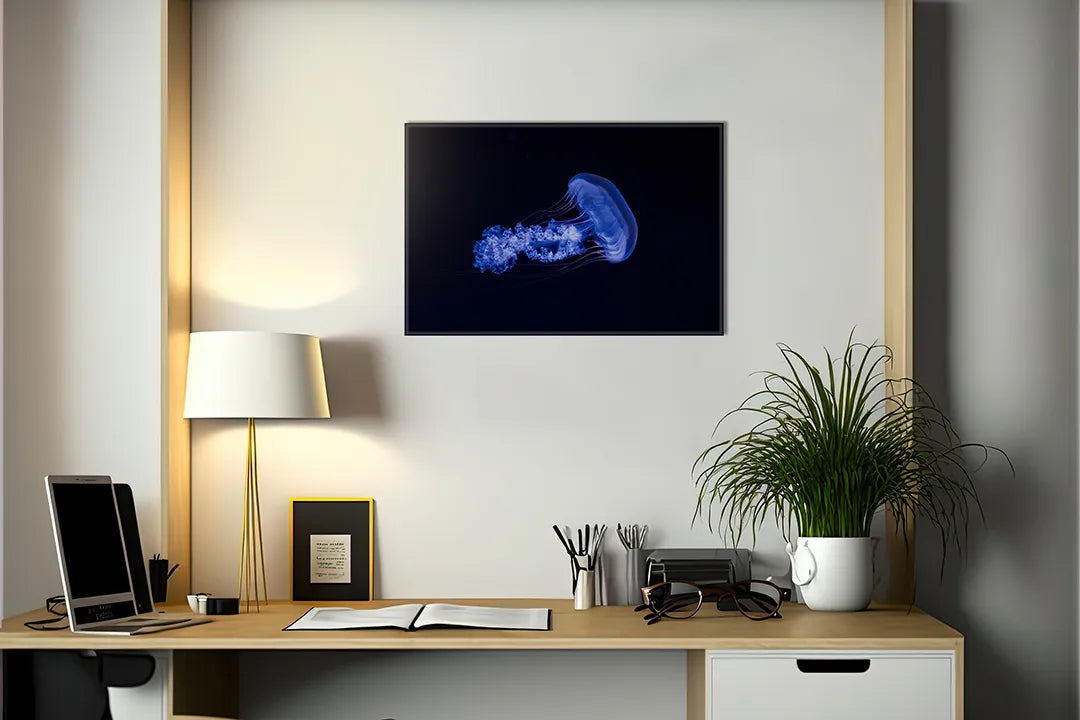 Metalen magneetbord met blauwe kwal op zwart – droog uitwisbaar & magnetisch