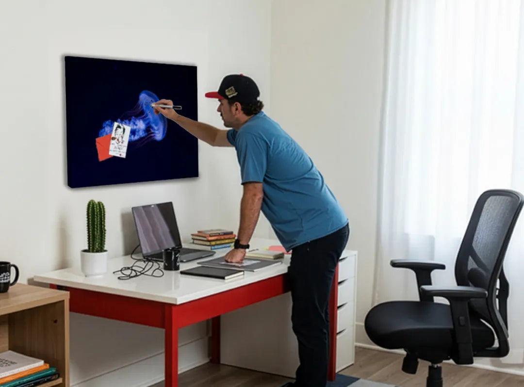 Metalen magneetbord met blauwe kwal op zwart – droog uitwisbaar & magnetisch