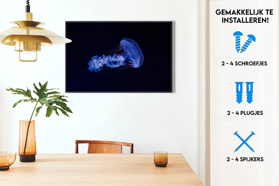 Metalen magneetbord met blauwe kwal op zwart – droog uitwisbaar & magnetisch