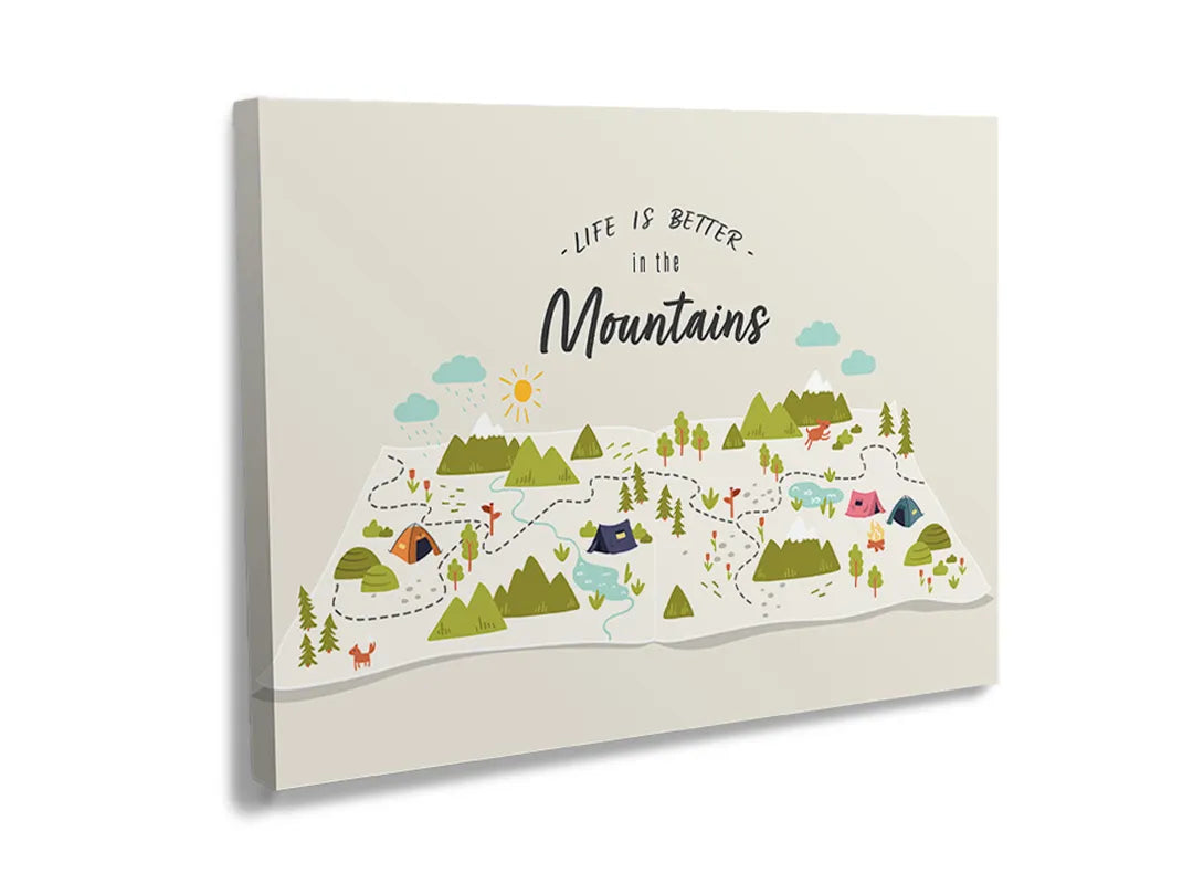 Metalen bord met mooie kaart van de bergen en de tekst 'Leven is beter in de bergen'.