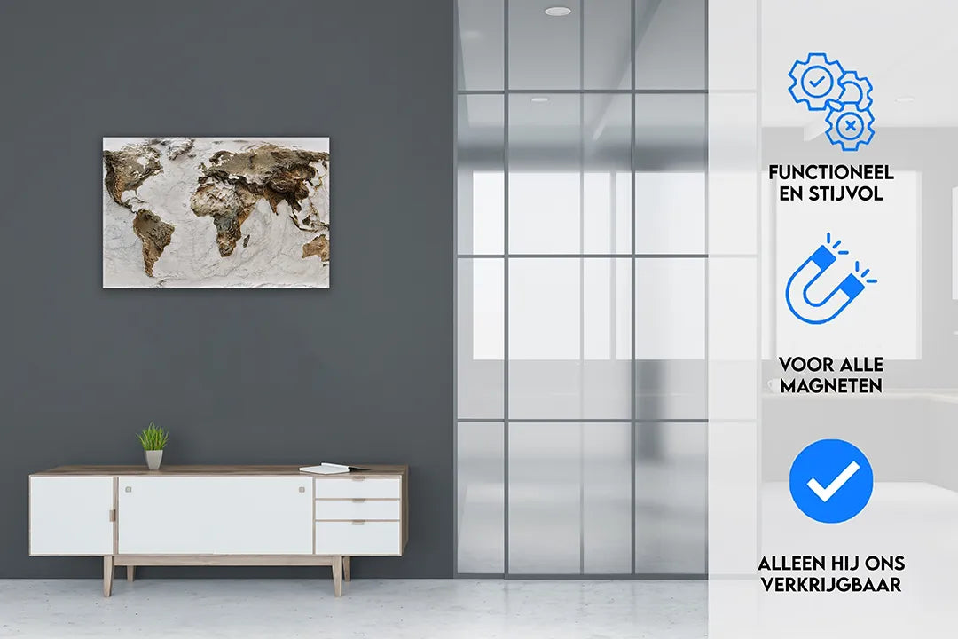 Metalen Magneetbord Wereldkaart - Aluminium Wandpaneel - droog uitwisbaar & magnetisch