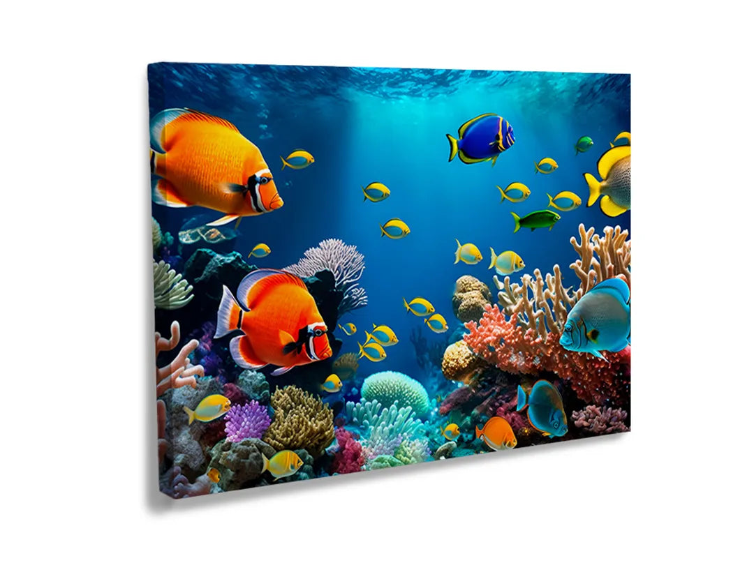 Metalen magneetbord met kleurrijke vissen en koraal in onderwaterlandschap.