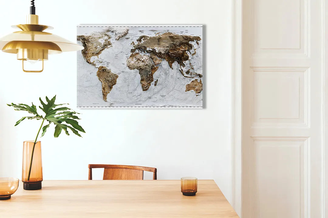 Metalen magneetbord: Wereldkaart in 3D ontwerp – droog uitwisbaar & magnetisch