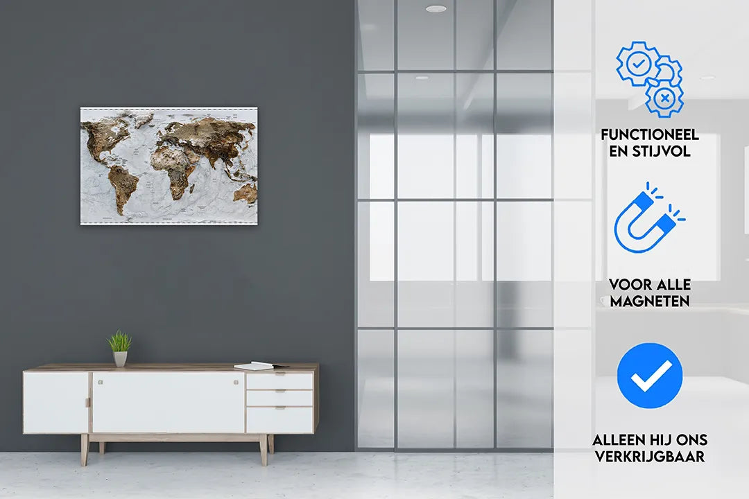 Metalen magneetbord: Wereldkaart in 3D ontwerp – droog uitwisbaar & magnetisch
