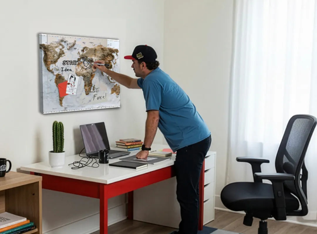 Metalen magneetbord: Wereldkaart in 3D ontwerp – droog uitwisbaar & magnetisch