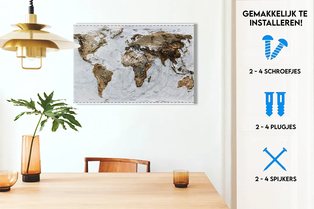 Metalen magneetbord: Wereldkaart in 3D ontwerp – droog uitwisbaar & magnetisch