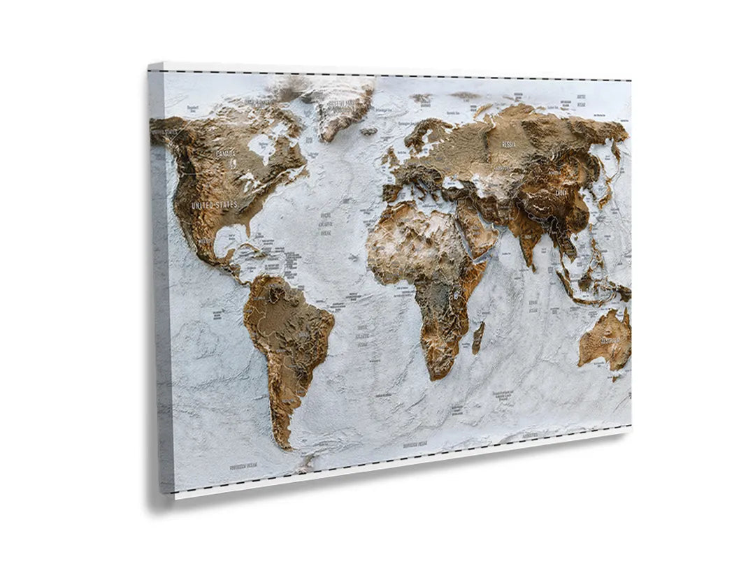 Metalen bord met een gedetailleerde 3D wereldkaart als decoratie en magneetbord.