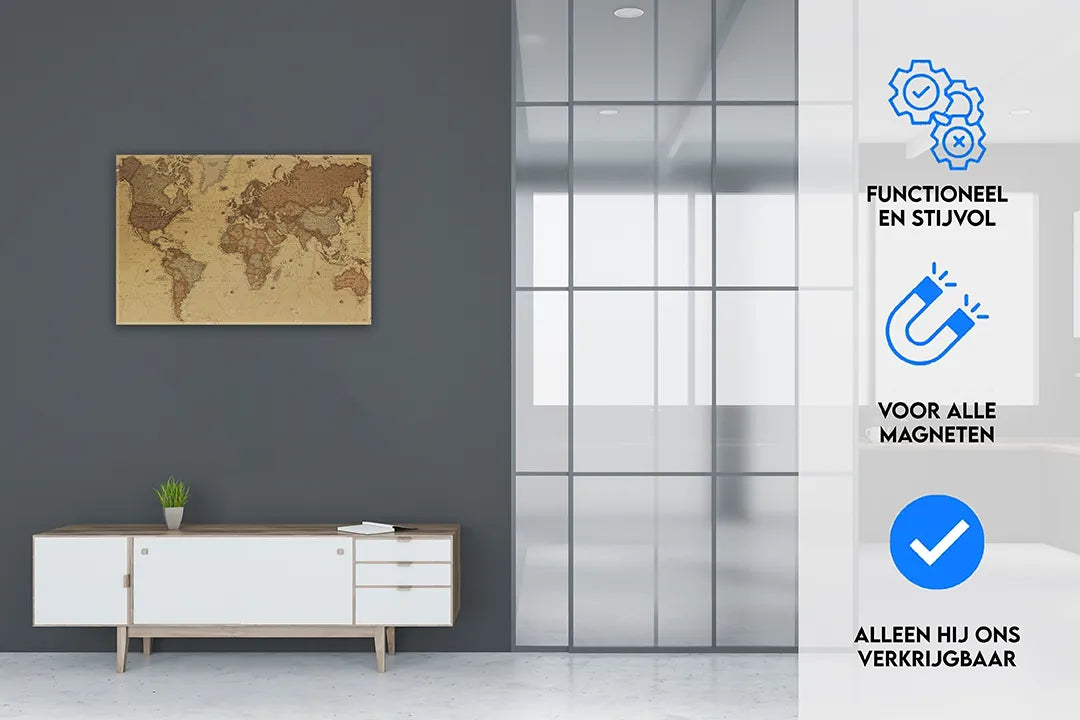 Metalen magneetbord met wereldkaart - decoratief en functioneel – droog uitwisbaar & magnetisch