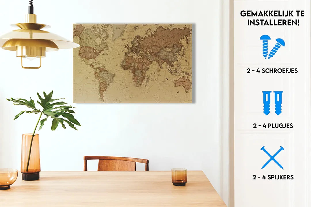 Metalen magneetbord met wereldkaart - decoratief en functioneel – droog uitwisbaar & magnetisch