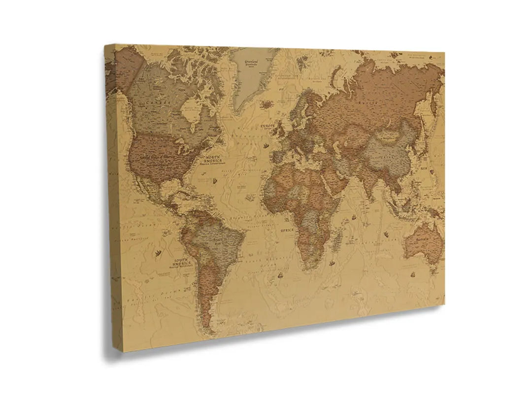 Metalen bord van een wereldkaart, perfect als magneetbord en wanddecoratie.